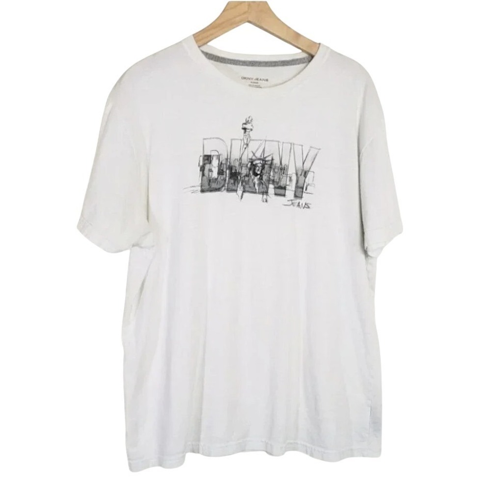 Y2K DKNY Jeans T-Shirt XL White New York City Statue of Liberty Graphic Tee Men